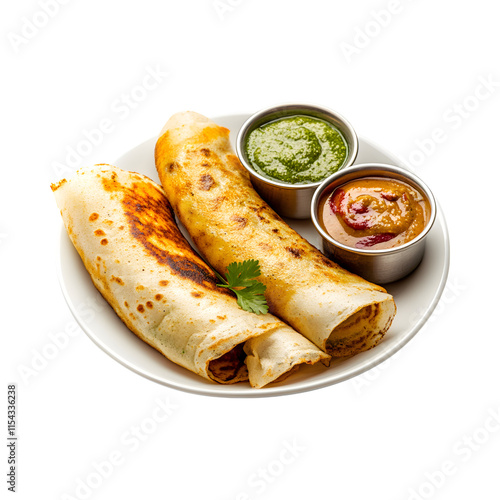 Mouthwatering Indian masala dosa with chutneys isolated on transparent background