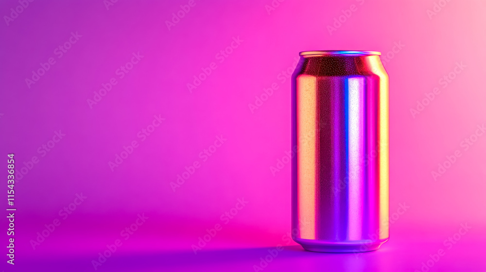Neon colored soda can shining on purple background Neon colored soda can shining on purple background