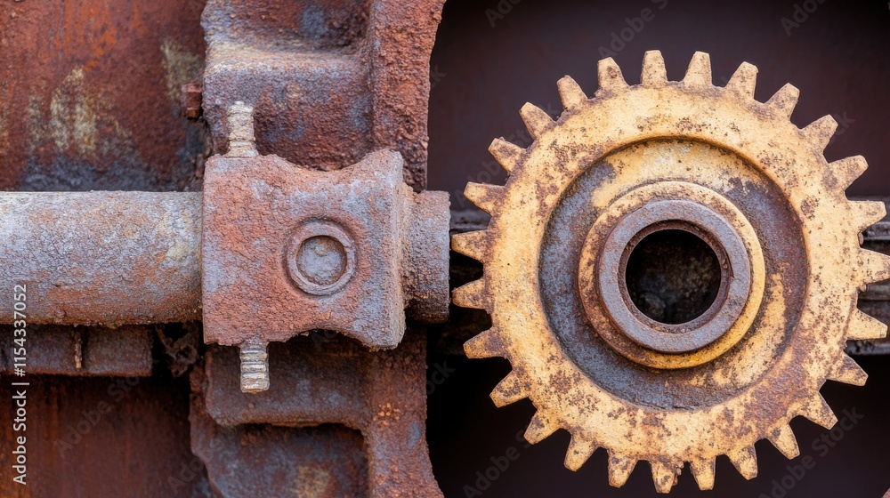 Close-up of a rusty gear mechanism, highlighting its intricate details and weathered textures.