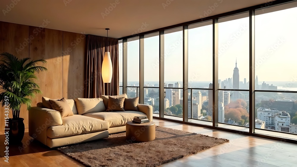 Fototapeta premium Modern apartment, panoramic windows, mocha mouse color 