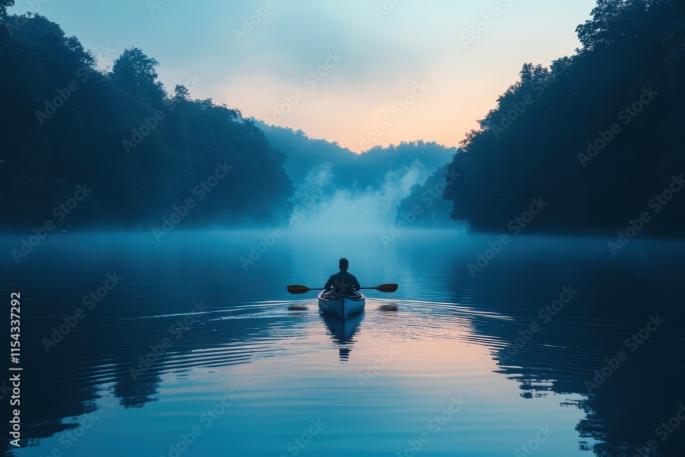 Serene kayaking adventure at dusk peaceful lake nature photography misty environment tranquil viewpoint relaxation concept Serene kayaking adventure at dusk peaceful lake nature photography misty environment tranquil viewpoint relaxation concept