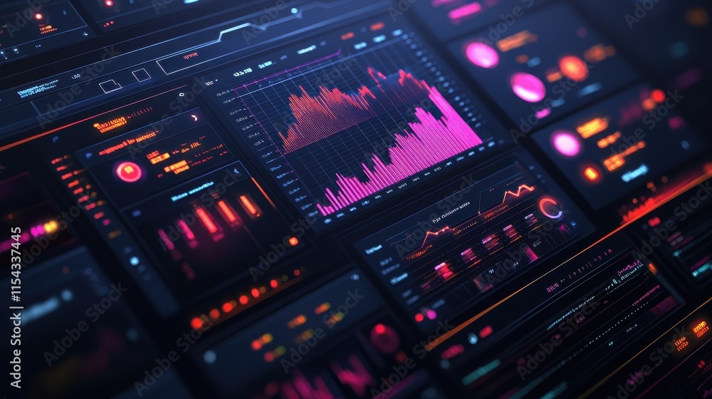 Abstract digital dashboard displaying data visualizations and analytics. Abstract digital dashboard displaying data visualizations and analytics.