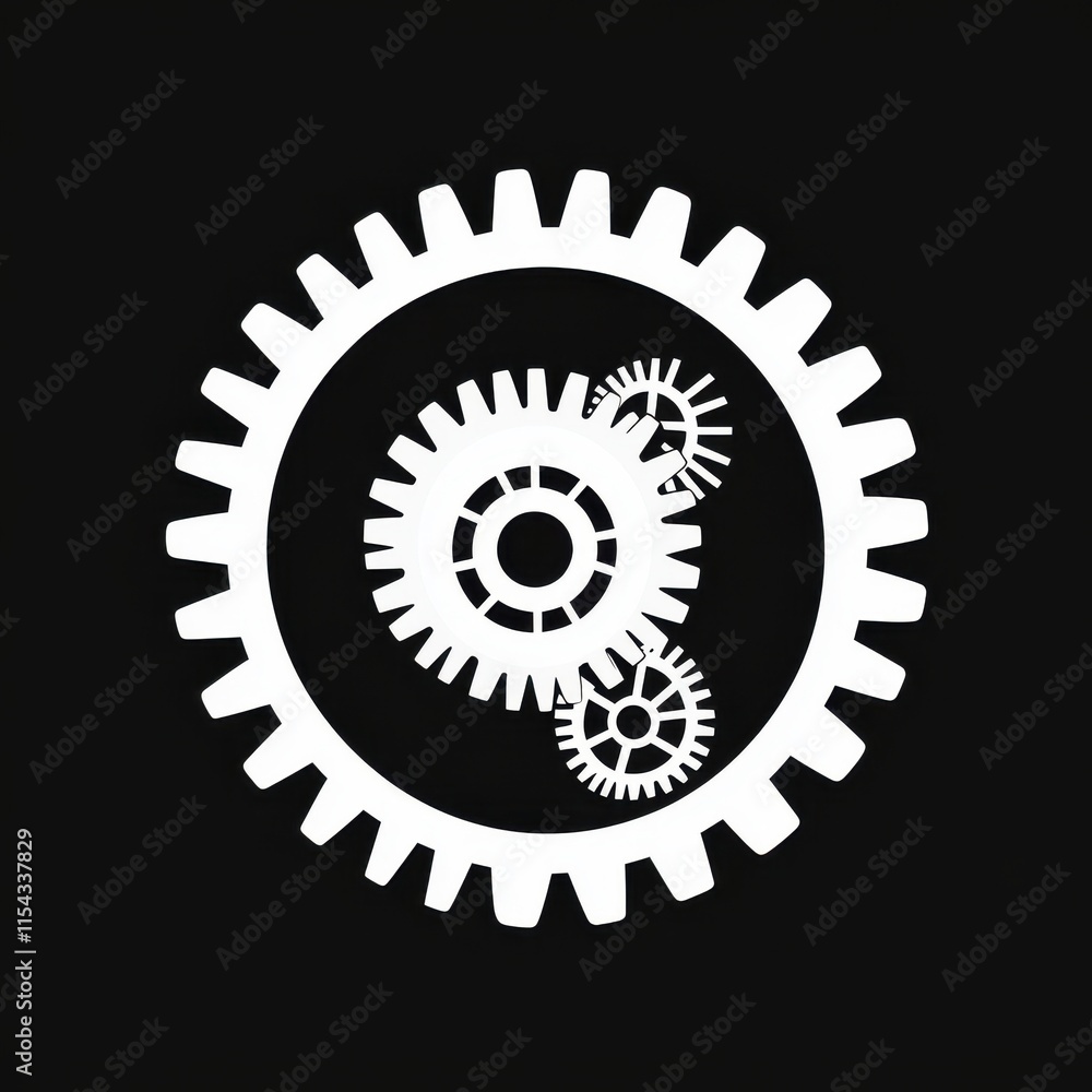 A black background features white gears, symbolizing engineering and mechanical innovation. A black background features white gears, symbolizing engineering and mechanical innovation.