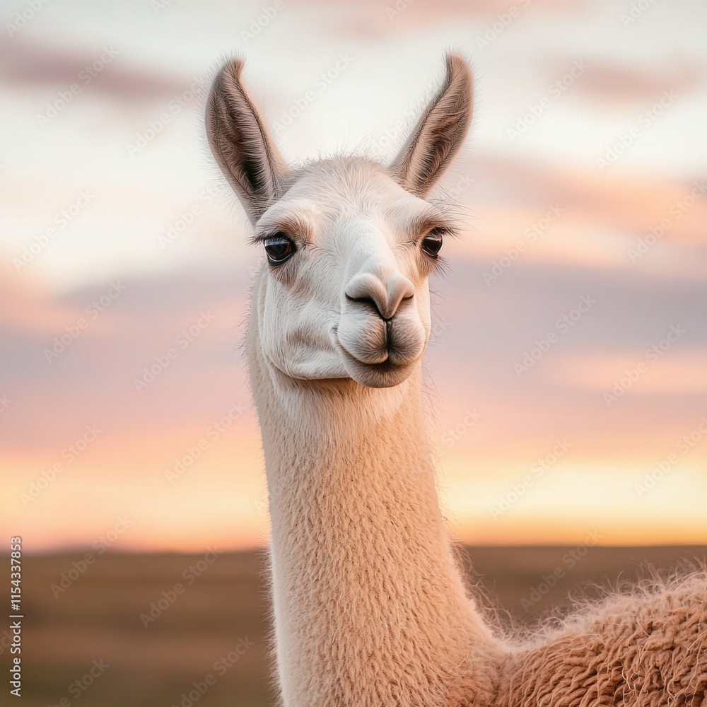 Obraz premium Close-Up of a Llama with Soft Fur and Beautiful Sky Background