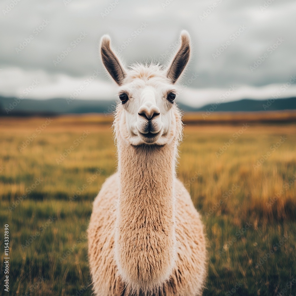 Obraz premium Close-Up View of a White Llama in a Scenic Pasture Landscape