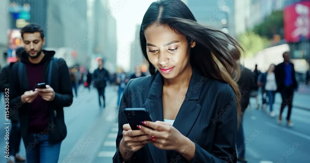 Woman with long, flowing hair standing on a busy city street, gazing intently at her smartphone screen as people move around her in the background. Woman with long, flowing hair standing on a busy city street, gazing intently at her smartphone screen as people move around her in the background.