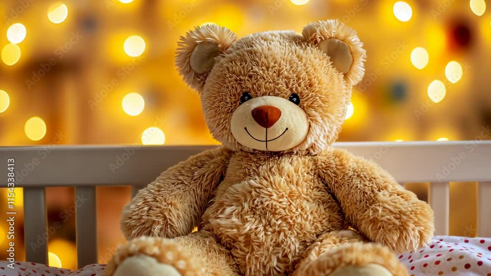 custom made wallpaper toronto digitalSoft teddy bear sitting on a bed with warm glowing lights in the background during a cozy evening