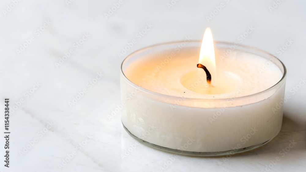 A single lit candle in a clear glass container rests on a clean white marble surface. The soft, warm glow of the flame creates a sense of tranquility and peace. A single lit candle in a clear glass container rests on a clean white marble surface. The soft, warm glow of the flame creates a sense of tranquility and peace.