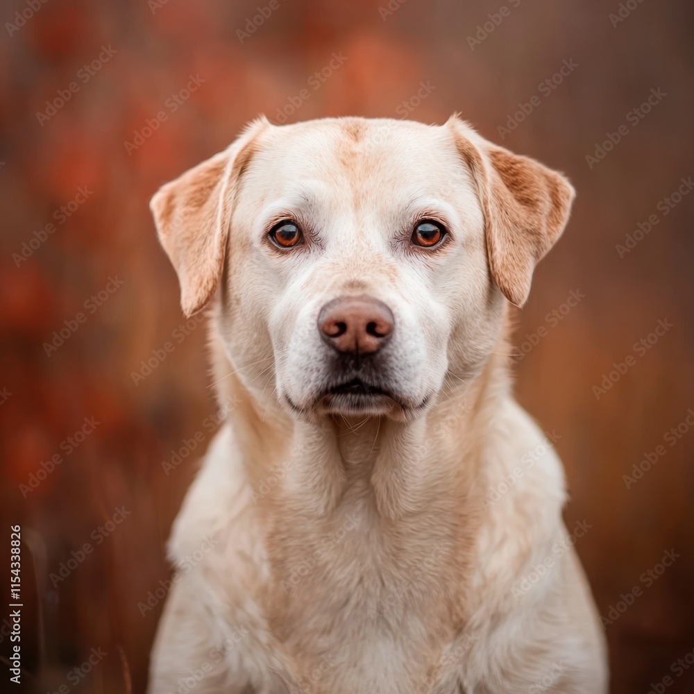 Close-up Portrait of a Yellow Labrador Retriever in Autumn Landscape Close-up Portrait of a Yellow Labrador Retriever in Autumn Landscape