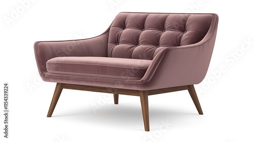 Dusty rose velvet armchair with wooden legs, mid-century modern style. photo