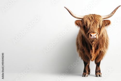 A Highland cow stands against a white background, showcasing its long, thick fur and distinctive horns.