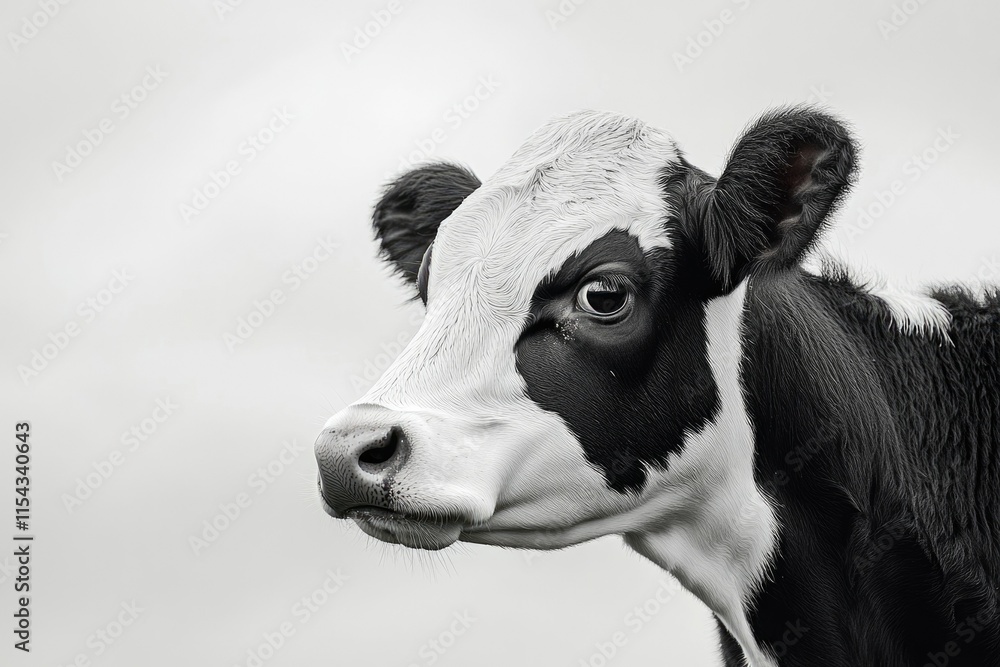 Close-up of a young, curious Holstein cow's face, showcasing its distinctive black and white markings. Close-up of a young, curious Holstein cow's face, showcasing its distinctive black and white markings.