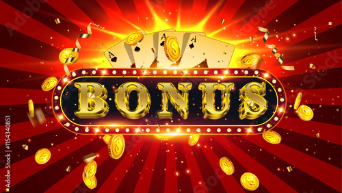 Bonus casino luxury background design with editable 3d text effect, casino poker cards, gold coins