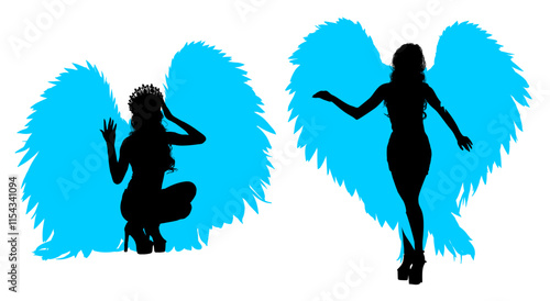 alas, pegatinas, angel, mujer, silueta, gente, vector, baile, evolución, deporte, negro, mujer, ilustración, salto, bailarines, brincar