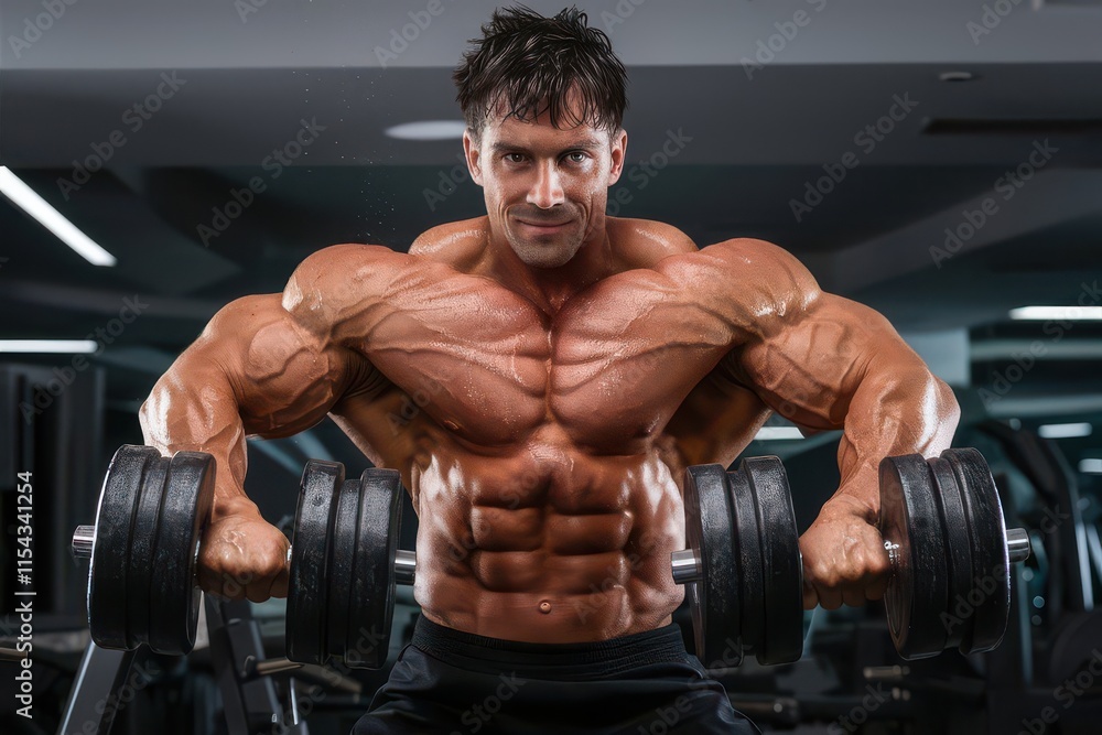 A muscular man without t-shirt in a gym holding a pair of dumbbells in his hands in gym training with dumbbells dumbbell workout A muscular man without t-shirt in a gym holding a pair of dumbbells in his hands in gym training with dumbbells dumbbell workout