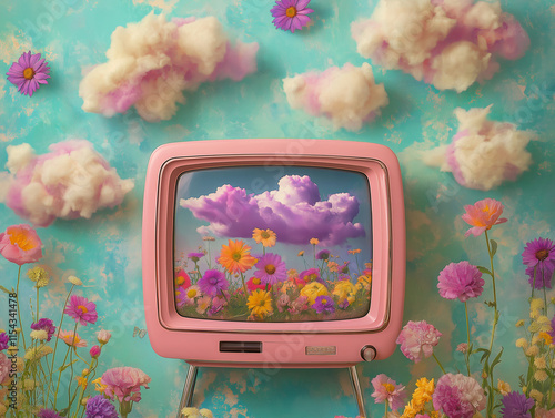 Wallpaper Mural 
A vintage television set, painted in pink, showcases a vibrant and surreal scene with beautiful flowers blooming against a lush green background, creating a whimsical and artistic composition. Torontodigital.ca