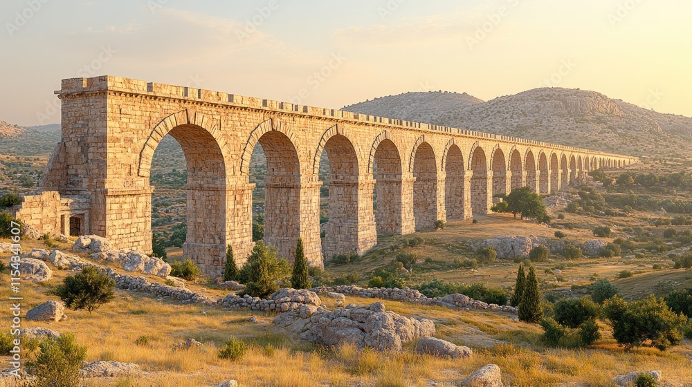 Fototapeta premium Ancient stone aqueduct spanning a valley at sunset.