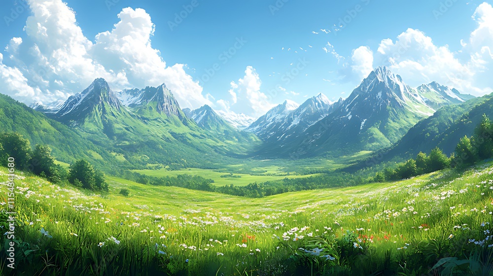 Fototapeta premium Sunny alpine valley with wildflowers, snow-capped mountains, and blue sky.