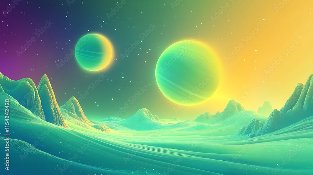 Fototapeta premium Vibrant Digital Painting: Celestial Landscape with Glowing Planets. AI Generated