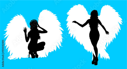 alas, pegatinas, angel, mujer, silueta, gente, vector, baile, evolución, deporte, negro, mujer, ilustración, salto, bailarines, brincar