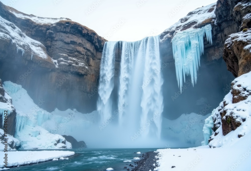 A powerful waterfall cascades down icy cliffs creating a stunning winter scene. A powerful waterfall cascades down icy cliffs creating a stunning winter scene.