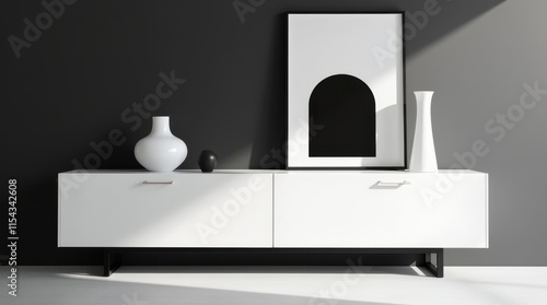 Sleek White Sideboard in Charcoal Wall Setting