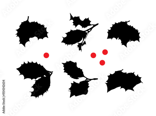 Holly Berries Leaves Icon, Holy Berry Grunge Leaf Symbol, European Ilex Branch silhouette, Xmas Sprig