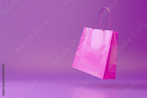 Pink flying paper shopping bag on purple background photo