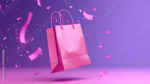 Pink flying paper shopping bag on purple background photo