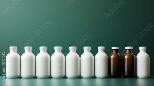 A row of white and brown bottles lined up on a green background photo