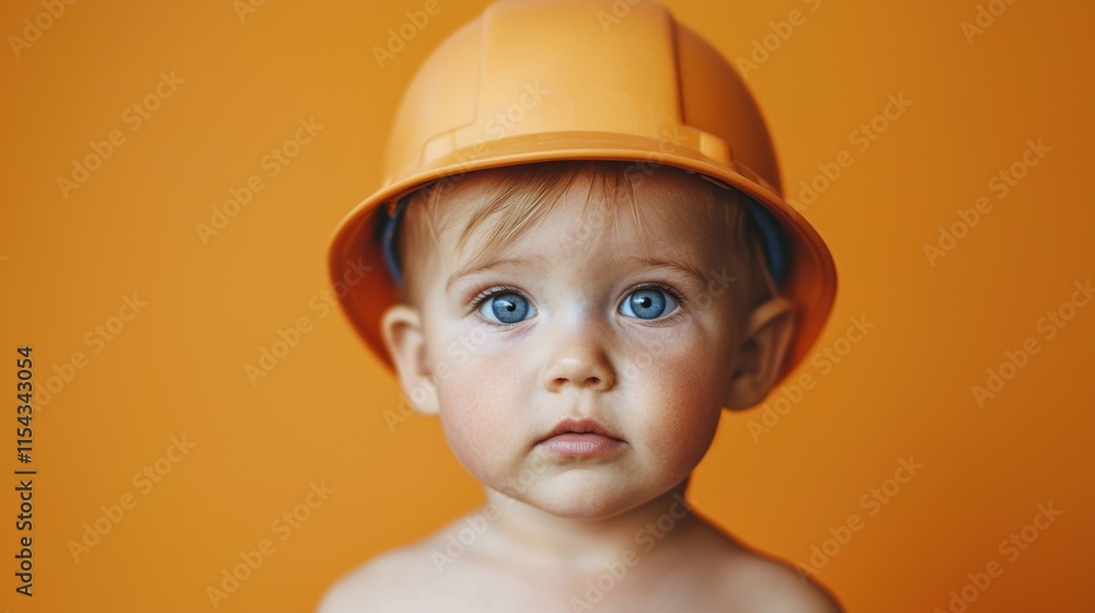 Cute Child with Orange Hard Hat on Bright Orange Background Cute Child with Orange Hard Hat on Bright Orange Background