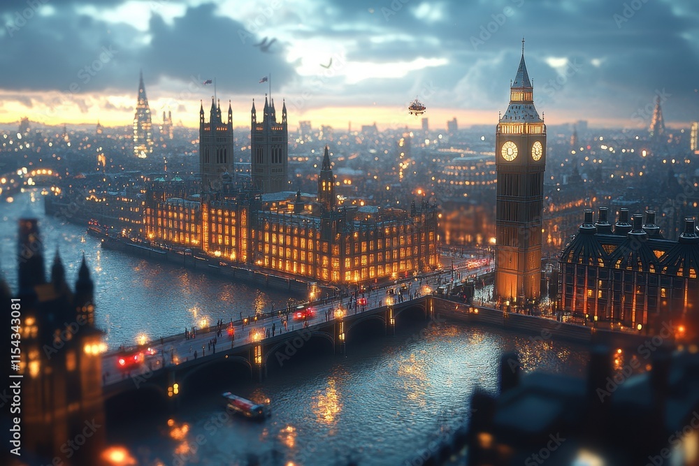 Fototapeta premium A panoramic view of London at dusk, highlighting iconic landmarks.
