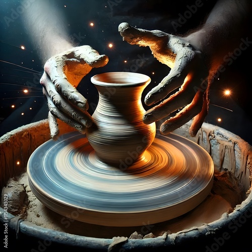 A potter’s wheel spinning clay that glows faintly