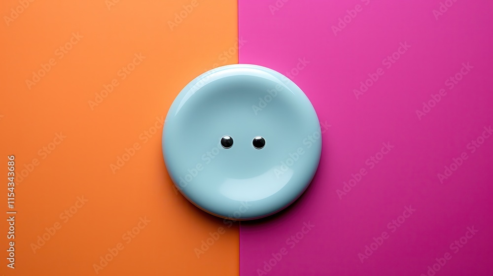 A blue button with two eyes on it is on a pink and orange background A blue button with two eyes on it is on a pink and orange background