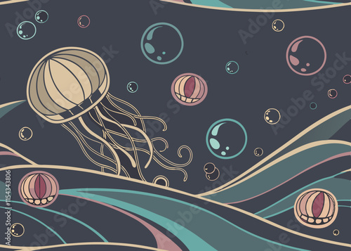 Abstract illustration of jellyfish and bubbles in a stylized ocean scene with wavy lines and muted colors.