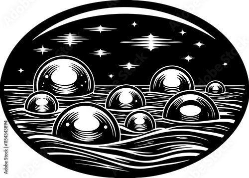 Black and white illustration of bubbles floating on water with stars in the background.