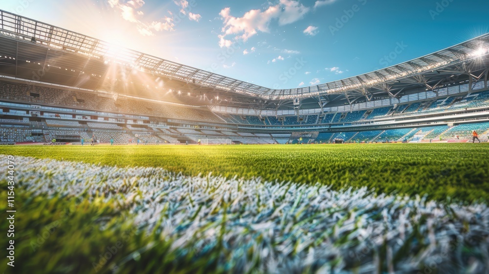Fototapeta premium Sunlit Sports Stadium with Lush Green Field
