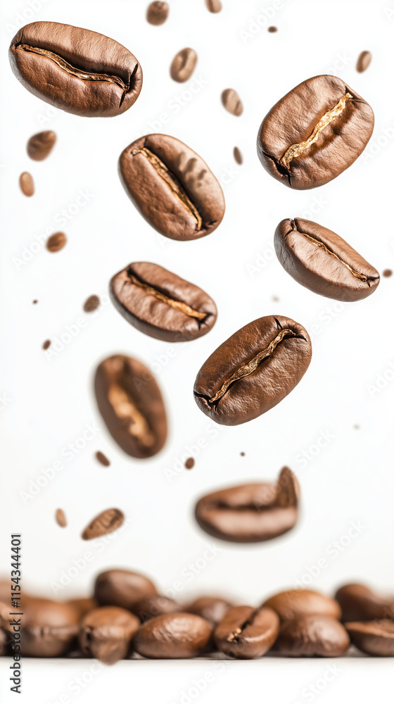 coffee beans flying close up white background ai generated vertical visual concept coffee beans flying close up white background ai generated vertical visual concept