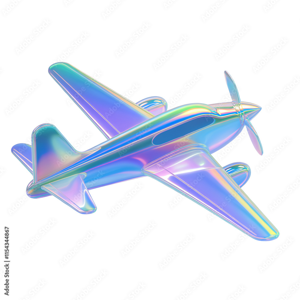 Naklejka premium A 3D render of an iridescent airplane floating in the air. The airplane is holographic and has a shimmering, multi-colored surface. The background is transparent.