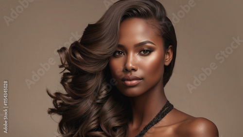 Beauty portrait of African American woman  with afro hair . Beautiful black woman Hollywood wave hair styling. Curly hair and long hair care. Straightening curly hair. Cosmetics and makeup