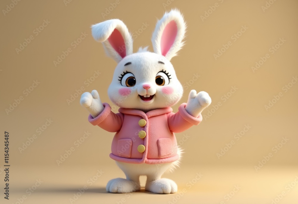 Fototapeta premium A cute white bunny wearing a pink jacket standing on a beige background.