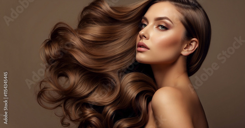 Beautiful  brunette model  girl  with long curly  hair . Smiling  woman hairstyle wavy curls .  Beauty, hair care, hairstyles and hair coloring.   Fashion , beauty and makeup portrait
