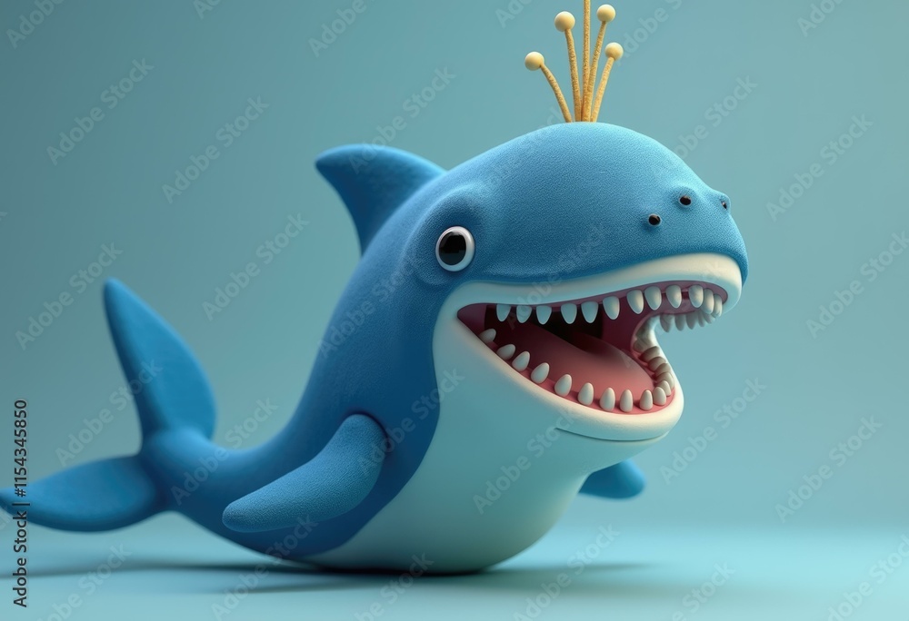 A blue cartoon shark with a crown on its head is smiling with its mouth open. A blue cartoon shark with a crown on its head is smiling with its mouth open.
