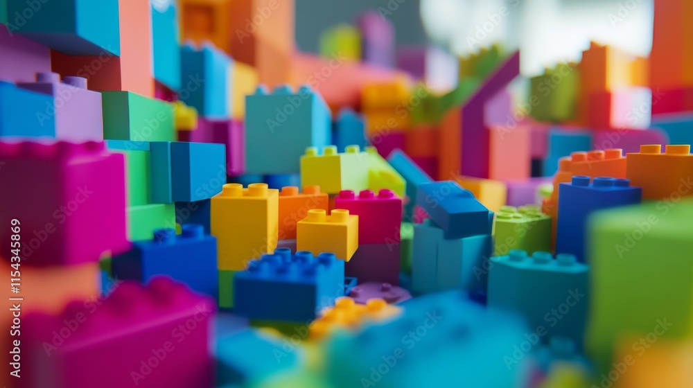 Obraz premium Intricate block-building setup with scattered pieces, Immersive workspace filled with colorful building blocks, Modern creative style