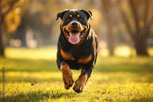 Majestic Rottweiler in motion vibrant sunny park backdrop photo