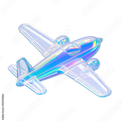 A 3d render of a holographic iridescent airplane. The airplane is transparent and has a rainbow iridescent sheen. It is floating in the air. The background is transparent.