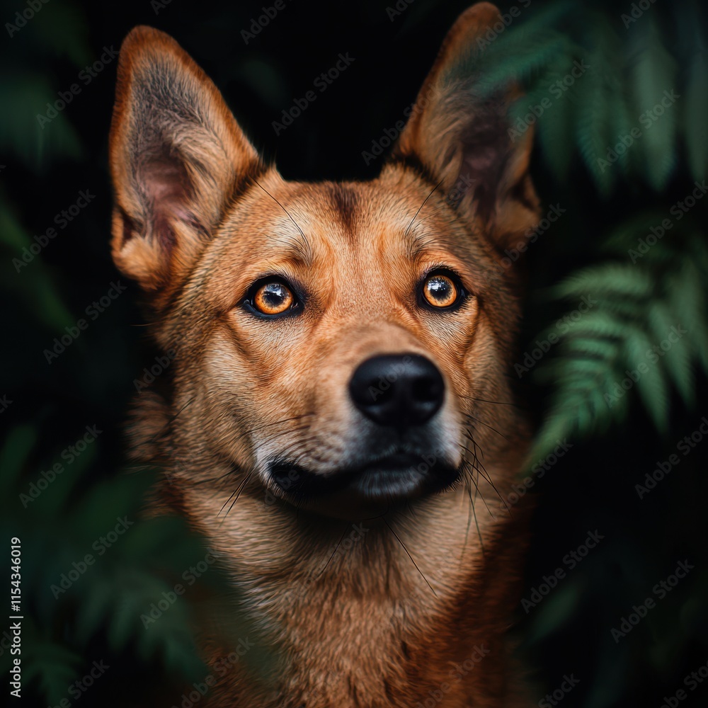 Naklejka premium Majestic Dog Gazing Among Lush Green Ferns in Nature Setting