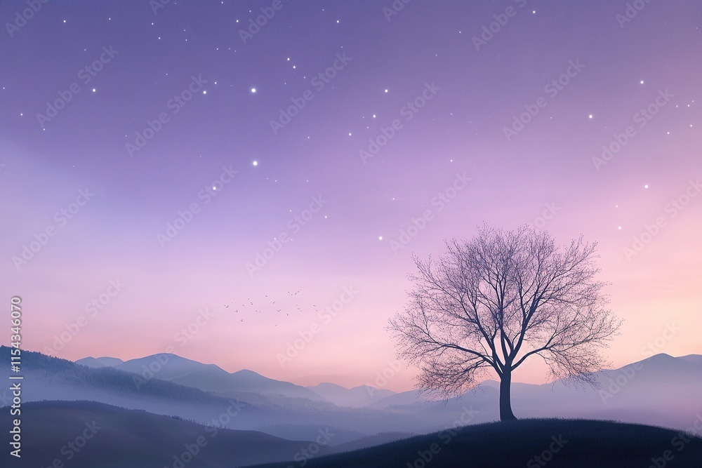 Serene landscape at twilight with a solitary tree and distant mountains Serene landscape at twilight with a solitary tree and distant mountains