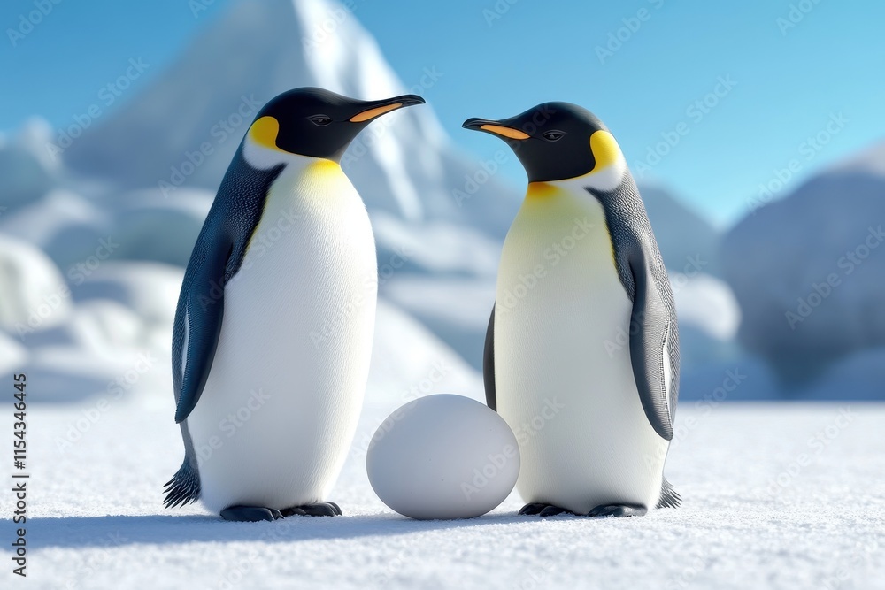Obraz premium Two emperor penguins standing over an egg on ice, symbolizing parenting and wildlife in Antarctica