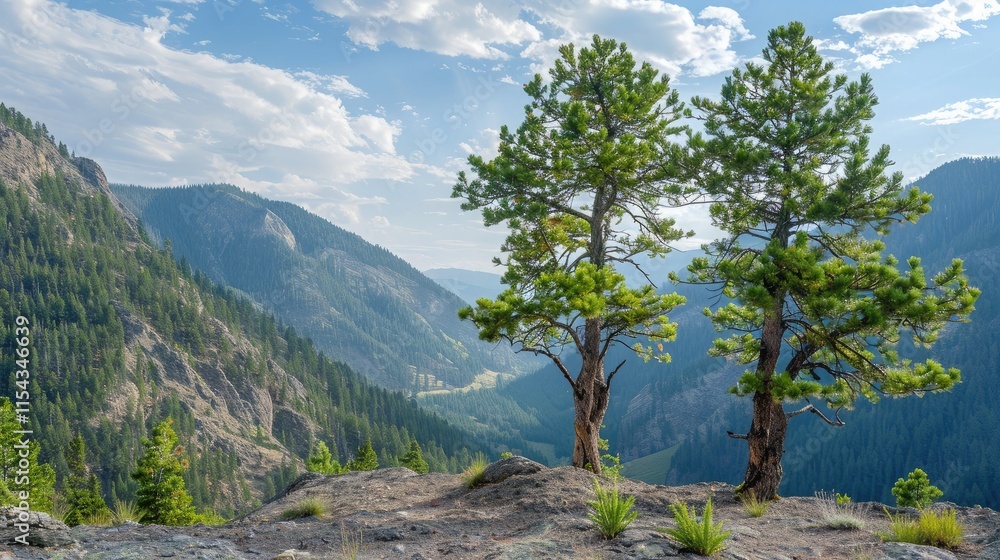 Green pine trees standing tall against a mountain backdrop Green pine trees standing tall against a mountain backdrop